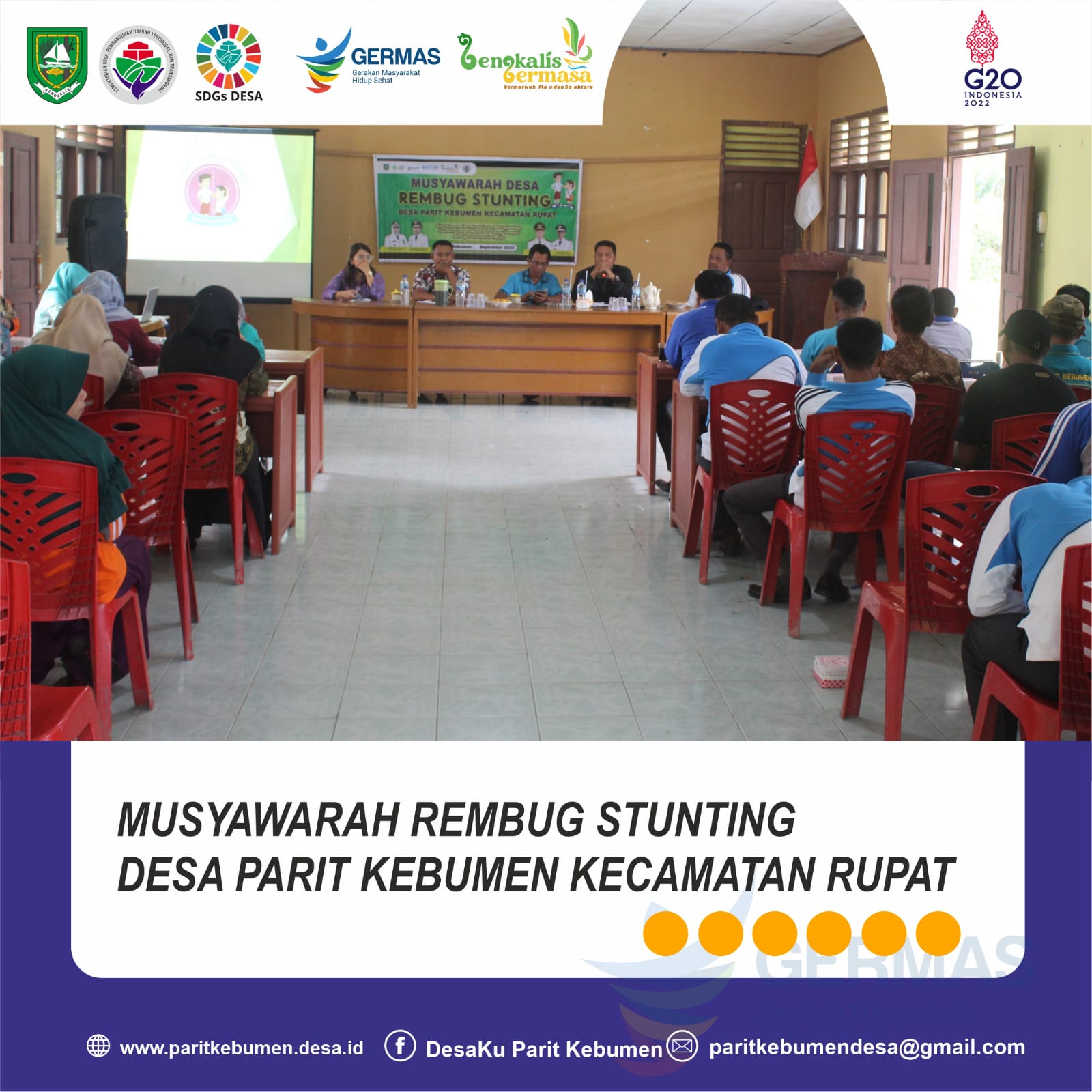 Rembug Stunting Desa Parit Kebumen Yang dihadiri Kepala Desa Sabaruddin, S.Ag, Ketua BPD Sumardi , Kader Kesehatan Puskesmas Teluk Lecah dan Pendamping Lokal Desa Sahrudin serta Jajaran Pemerintahan Desa Parit Kebumen