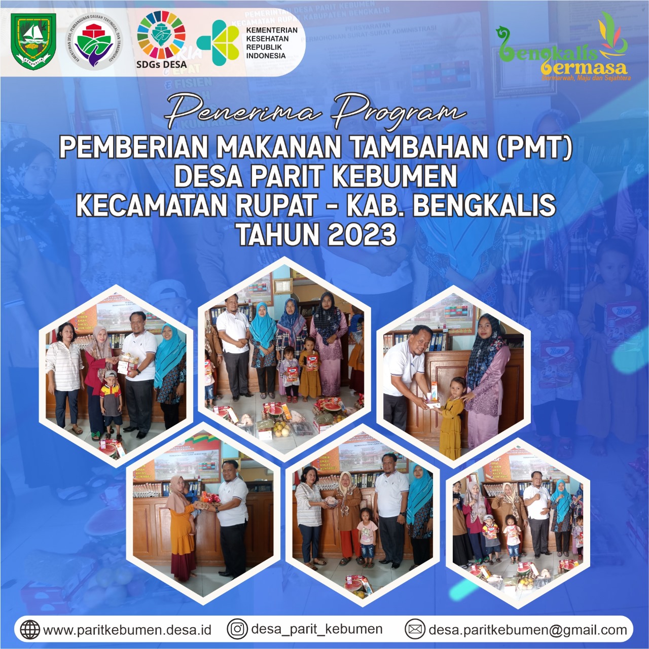 Penyerahan Pemberian Makanan Tambahan (PMT) Oleh Kepala Desa Parit Kebumen Sabarrudin, S.Ag diwakili Sekretaris Desa Muhammad Amin, S.PdI